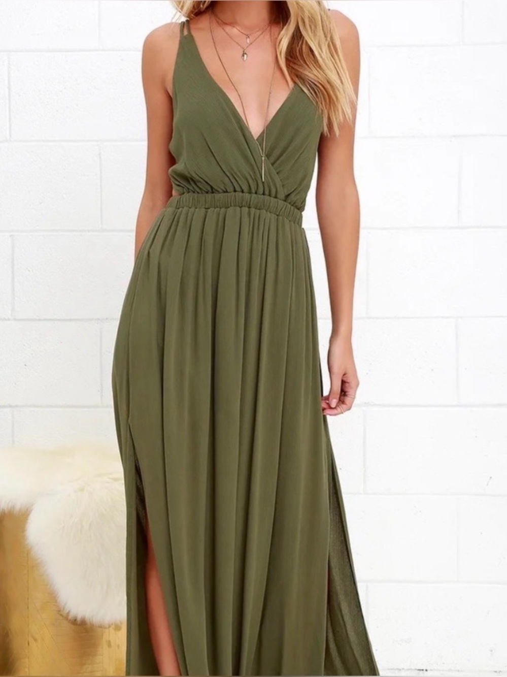 Lulus Lost in Paradise Olive Green Maxi Crepe Dress Size Small